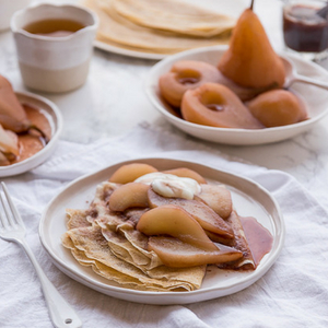 Spelt Crepes Mulled Wine Poached Pears 300 300 c - Spelt Crepes, Mulled Wine Poached Pears & The Decadent Pantry